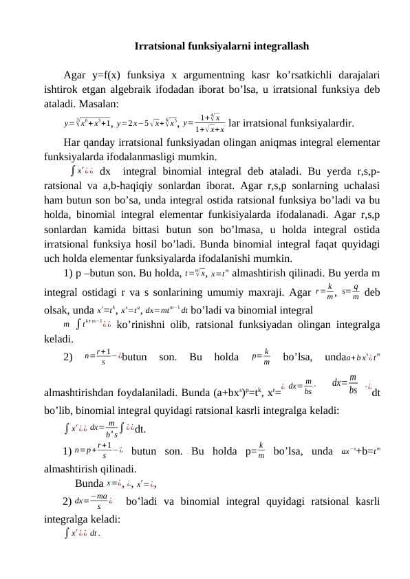 Irratsional funksiyalarni integrallash