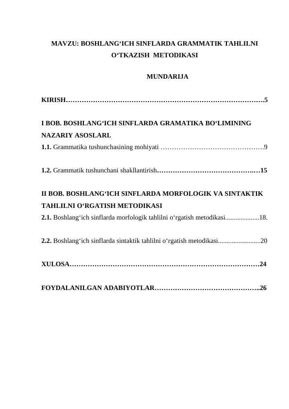 BOSHLANG‘ICH SINFLARDA GRAMMATIK TAHLILNI O‘TKAZISH  METODIKASI