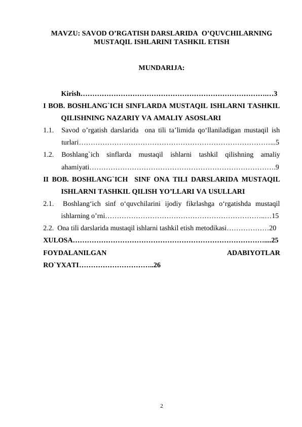 SAVOD O’RGATISH DARSLARIDA  O’QUVCHILARNING MUSTAQIL ISHLARINI TASHKIL ETISH