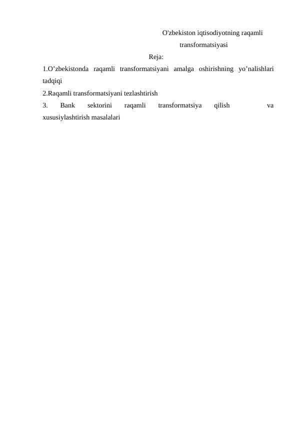 O'zbekiston iqtisodiyotning raqamli transformatsiyasi