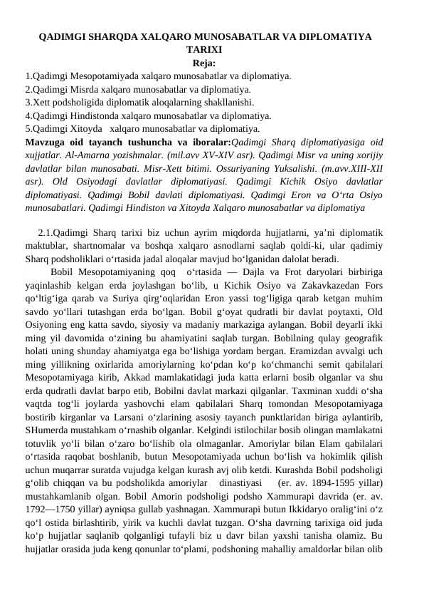 QADIMGI SHARQDA XALQARO MUNOSABATLAR VA DIPLOMATIYA TARIXI