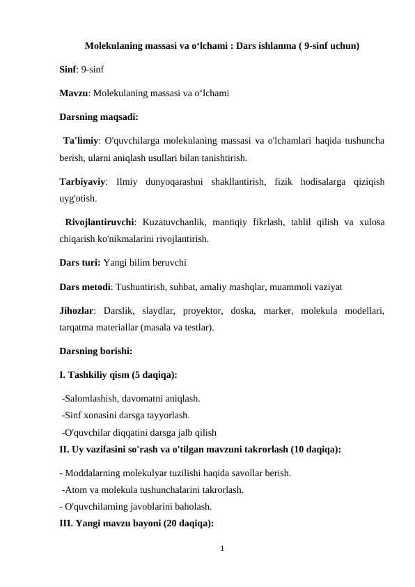 Molekulaning massasi va oʻlchami.dars ishlanma