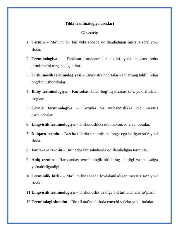 Tilda terminalogiya asoslari