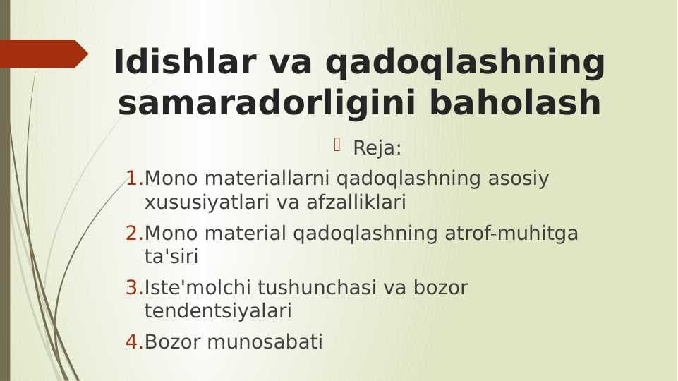 Idishlar va qadoqlashning samaradorligini baholash