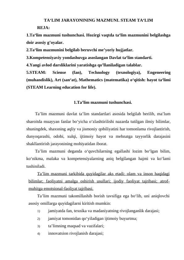 TA'LIM JARAYONINING MAZMUNI. STEAM TA'LIM