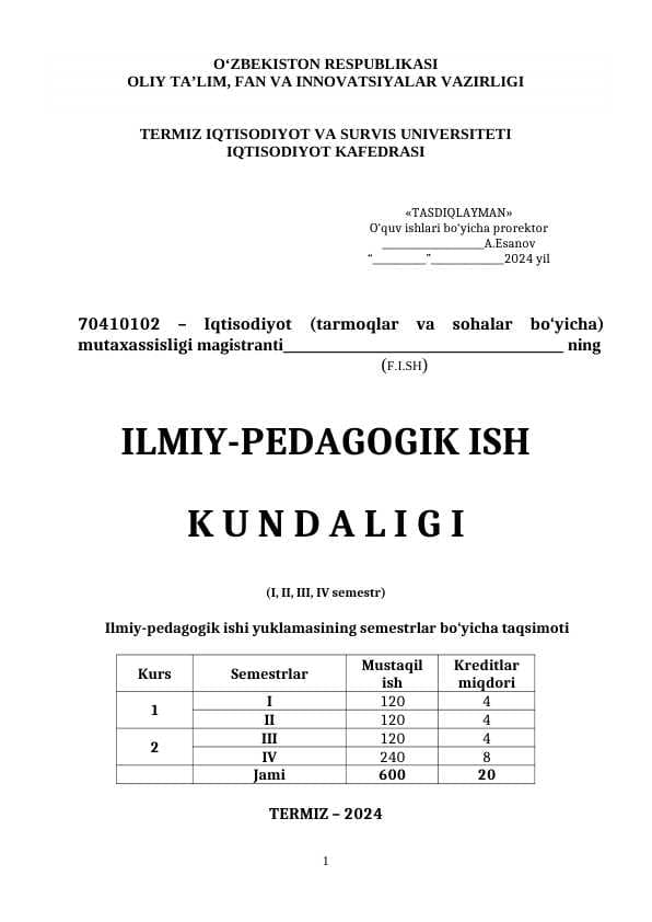 ILMIY-PEDAGOGIK ISH  K U N D A L I G I