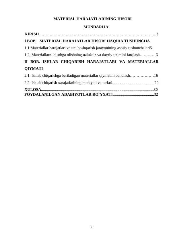 MATERIAL HARAJATLARINING HISOBI