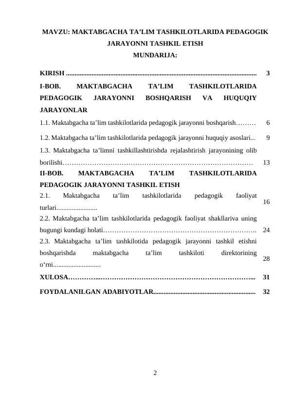 Maktabgacha ta’lim tashkilotlarida pedagogik jarayonni tashkil etish