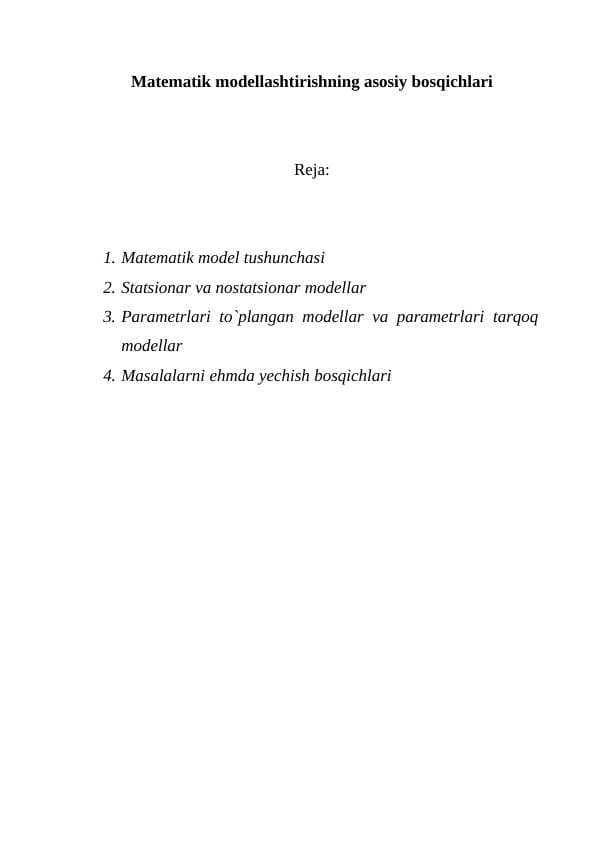Matematik modellashtirishning asosiy bosqichlari