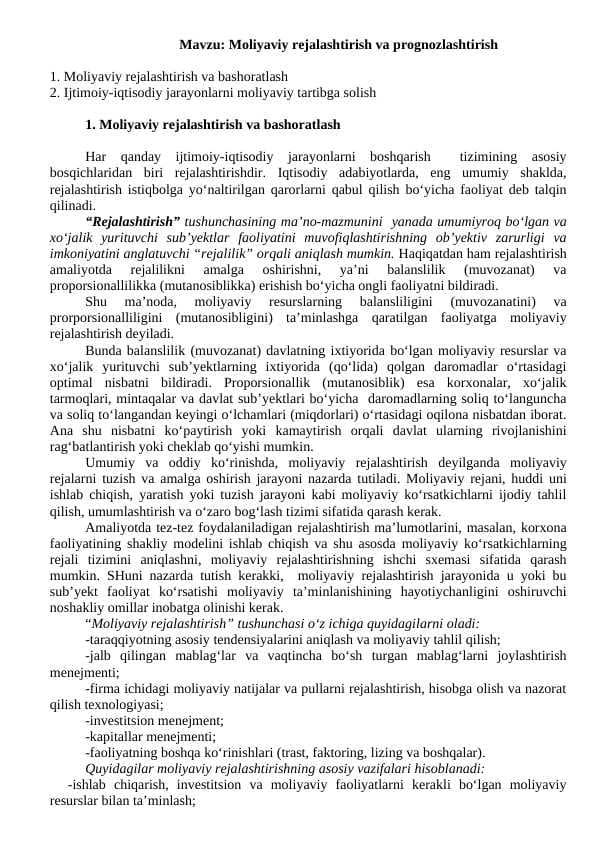 Moliyaviy rejalashtirish va prognozlashtirish