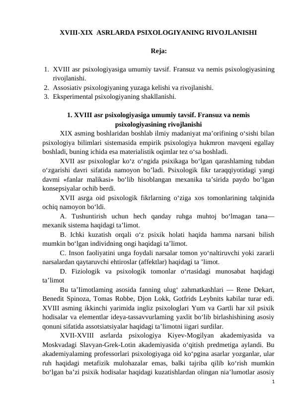 XVIII - XIX  asrlarda psixologiyaning rivojlanishi 2