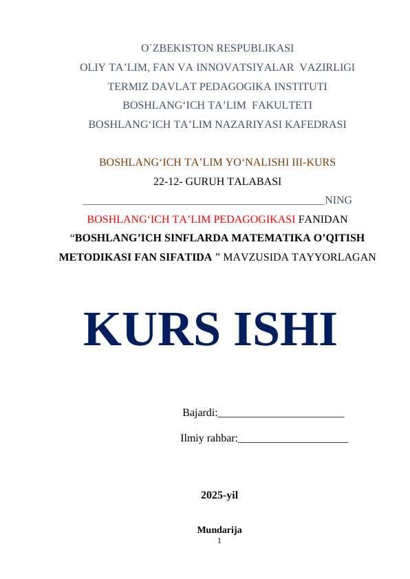 BOSHLANG’ICH SINFLARDA MATEMATIKA O’QITISH METODIKASI FAN SIFATIDA