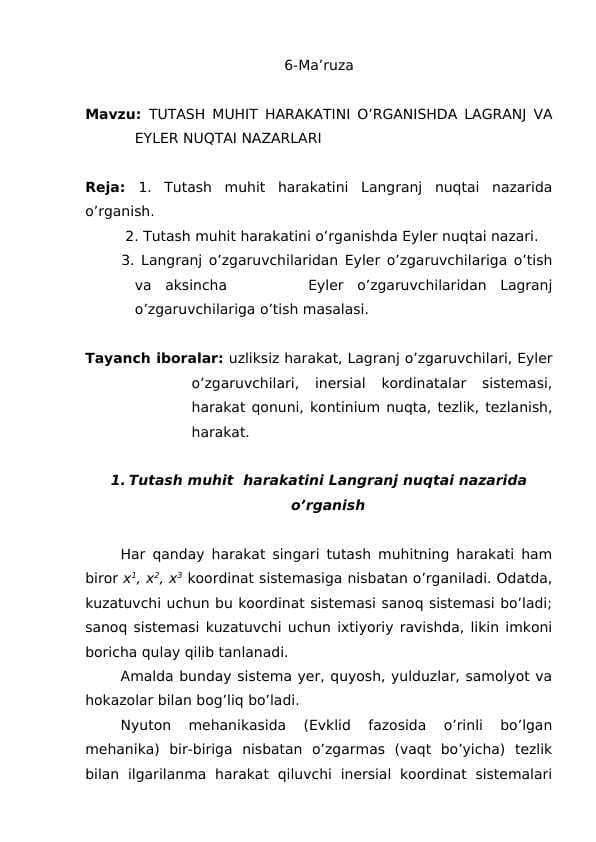 TUTASH MUHIT HARAKATINI O’RGANISHDA LAGRANJ VA EYLER NUQTAI NAZARLARI