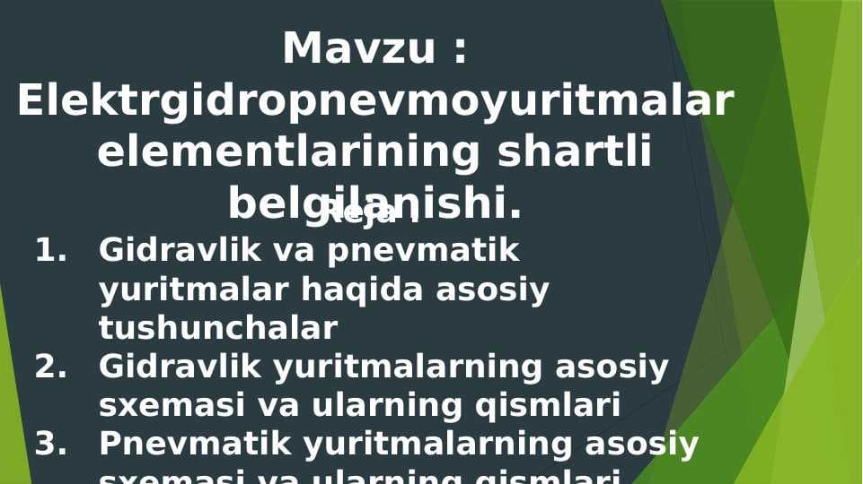 Elektrgidropnevmo yuritmalar elementlarining shartli belgilanishi