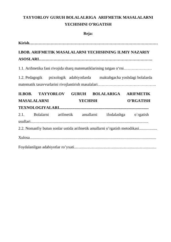 TAYYORLOV GURUH BOLALALRIGA  ARIFMETIK MASALALARNI YECHISHNI O’RGATISH