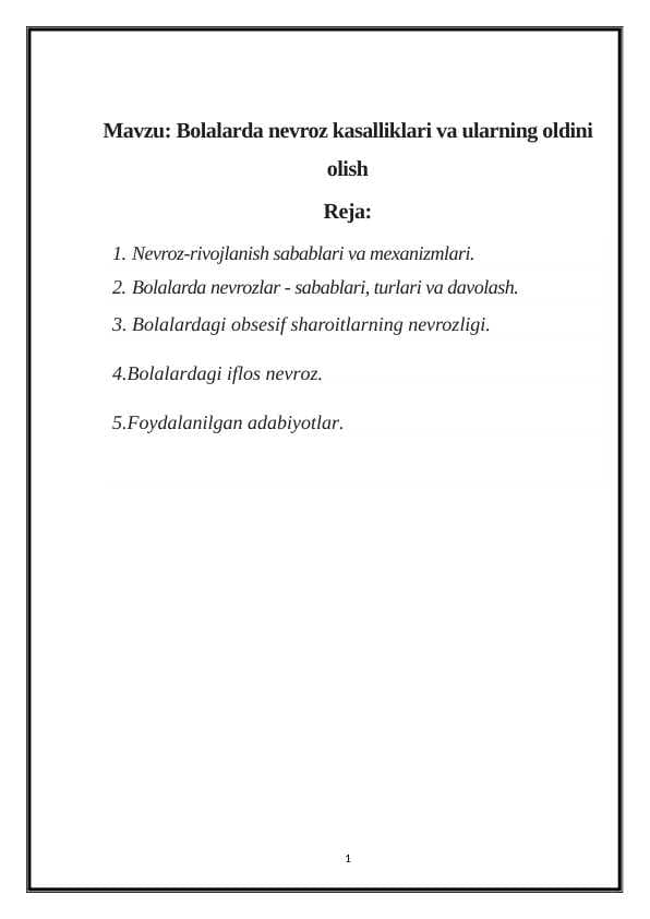 Bolalarda nevroz kasalliklari va ularning oldini olish