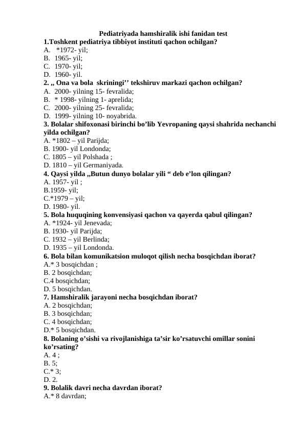 Pediatriyada hamshiralik ishi fanidan test javoblari bilan