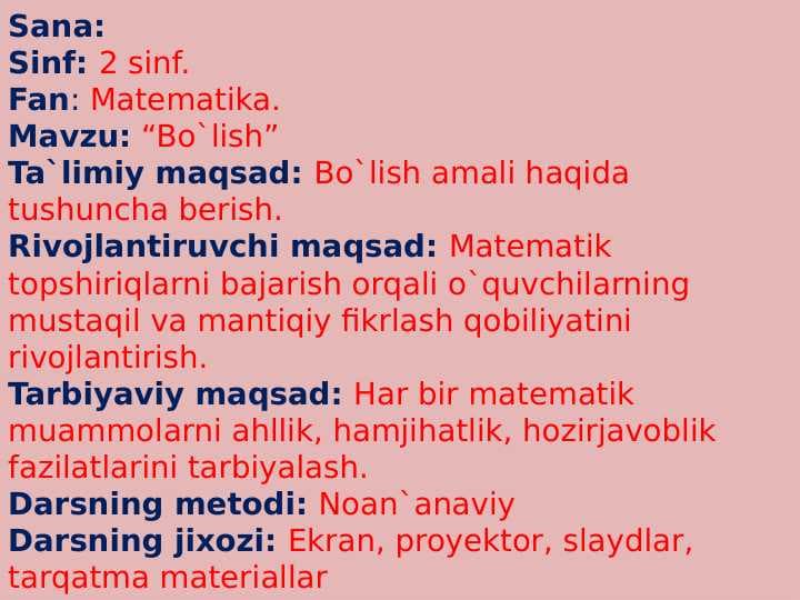 2 -sinf.Fan: Matematika. Mavzu: Bo`lish