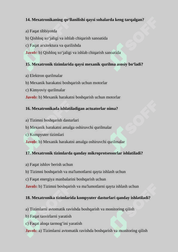 Mexatronika sohasi boʻyicha 30 ta test savollari va ularning javoblari bilan