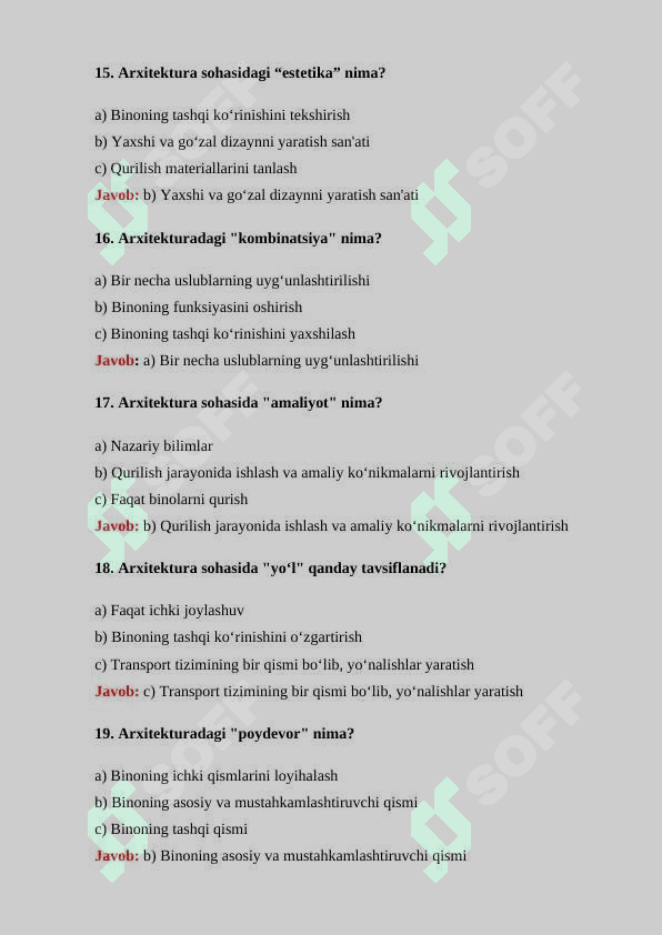 Arxitektura sohasining turli yoʻnalishlari boʻyicha 30 ta test savollari javoblari bilan