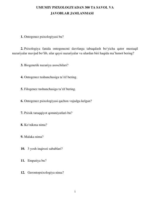 Umumiy Psihalogiyadan 300ta savol javoblari bilan