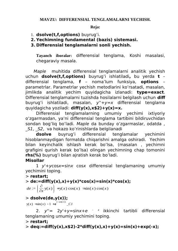 DIFFERENSIAL TENGLAMALARNI YECHISH