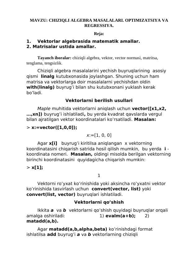 CHIZIQLI ALGEBRA MASALALARI. OPTIMIZATSIYA VA REGRESSIYA