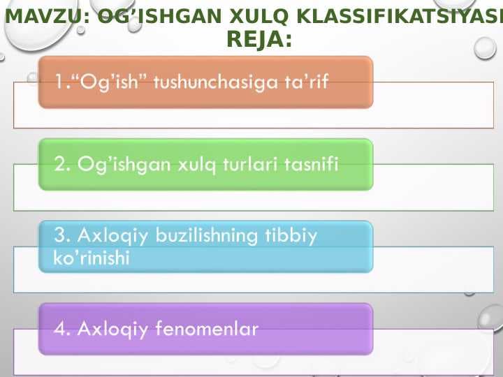 OG’ISHGAN XULQ KLASSIFIKATSIYASI.