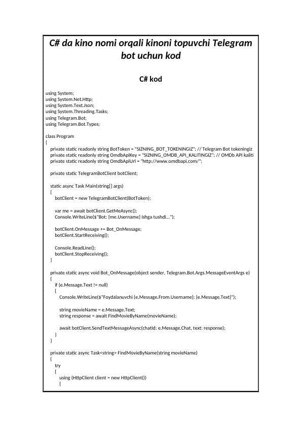 C# da kino nomi orqali kinoni topuvchi Telegram  bot uchun kode