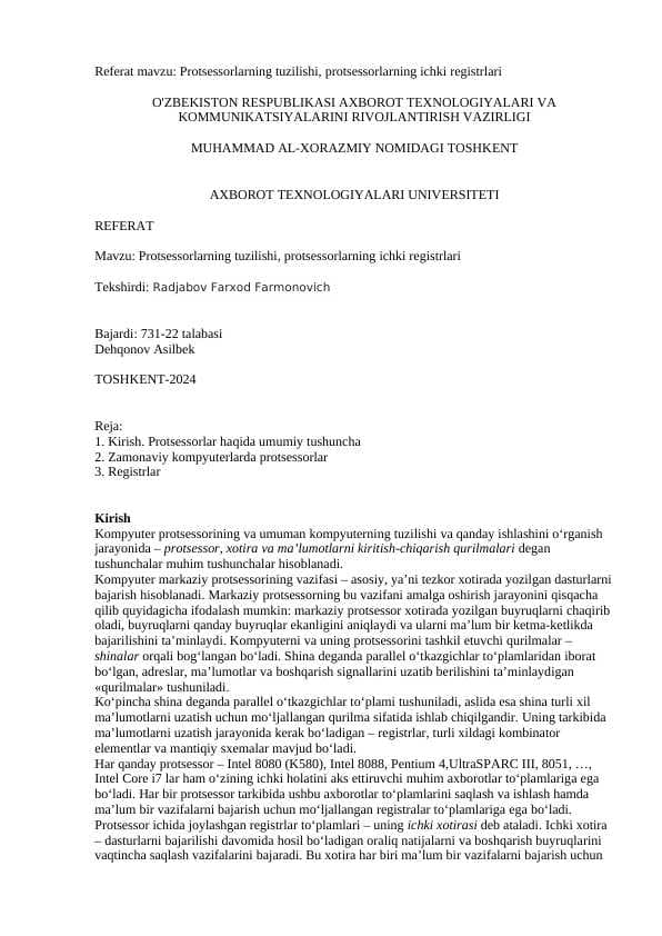Protsessorlarning tuzilishi, protsessorlarning ichki registrlari