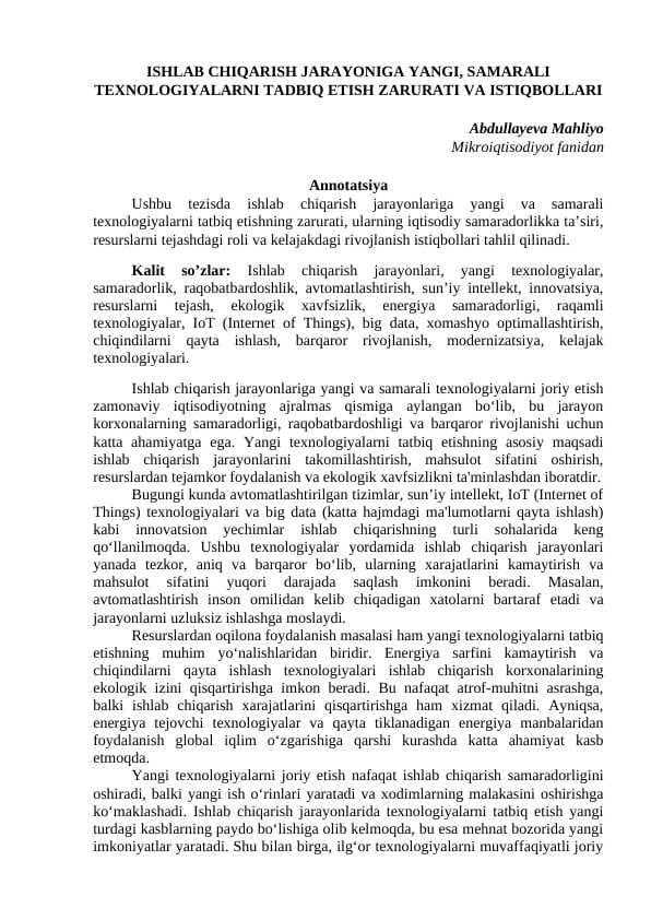 Ishlab chiqarish jarayoniga yangi, samarali texnologiyalarni tadbiq etish zarurati va istiqbollari mavzusida tezis