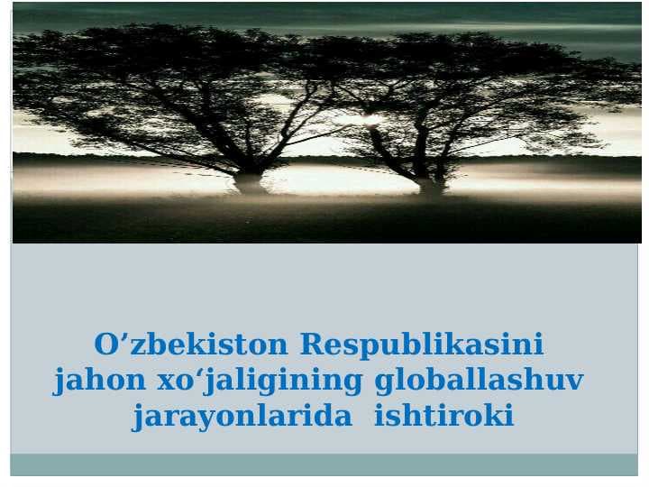 O’zbеkistоn Rеspublikаsini jаhоn хo‘jаligining glоbаllаshuv  jаrаyonlаridа  ishtirоki pptx