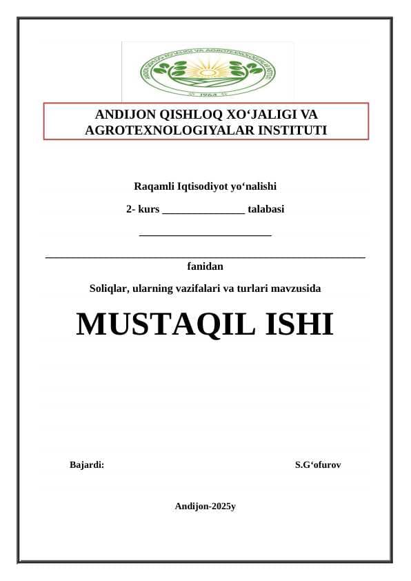 Soliqlar, ularning vazifalari va turlari