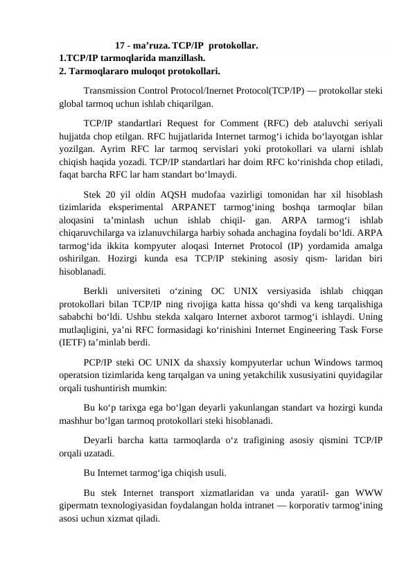 TCP/IP  protokollar.