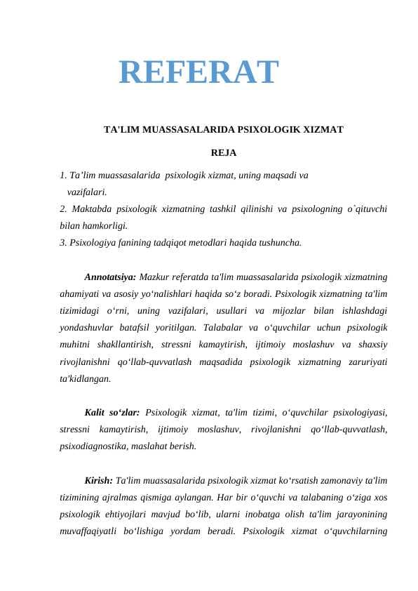 Ta'lim muassasalarida psixologik xizmat