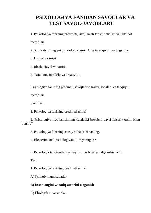 PSIXOLOGIYA FANIDAN SAVOLLAR VA TEST SAVOL-JAVOBLARI