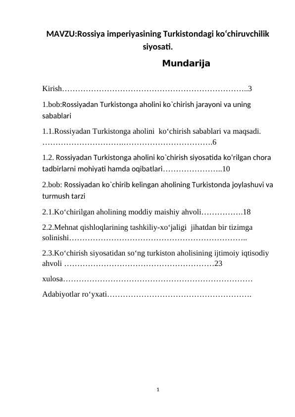 Rossiya imperiyasining Turkistondagi ko‘chiruvchilik siyosati.