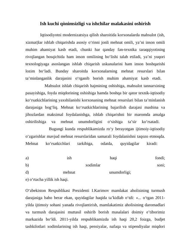 ish kuchi qònimsizligi va ishchilar malakasini oshirish