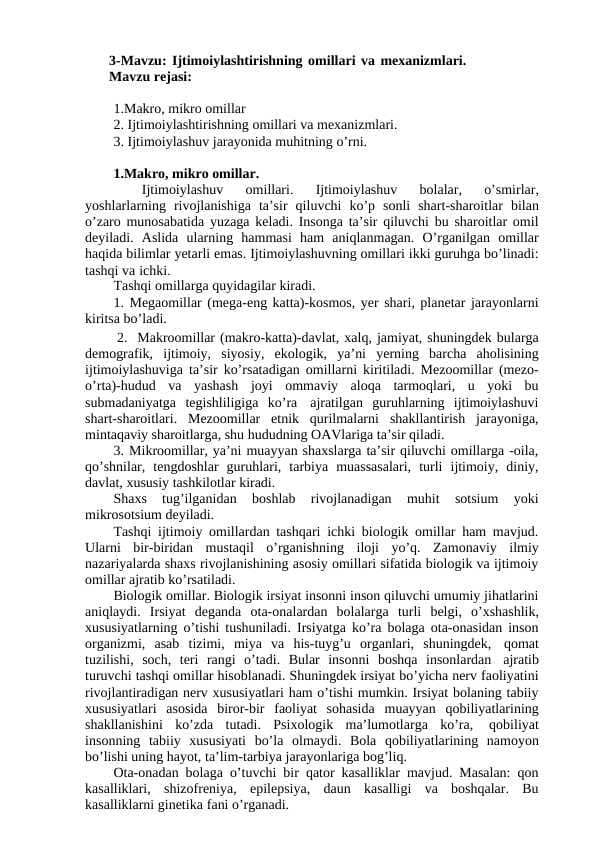 Ijtimoiylashtirishning omillari va mexanizmlari.