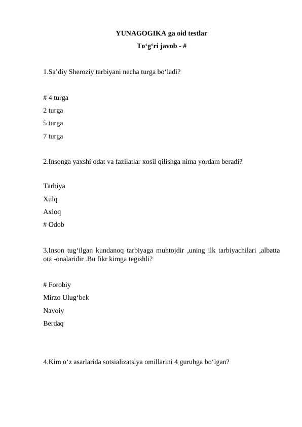 Yunagogika oid testlar, javoblari bilan