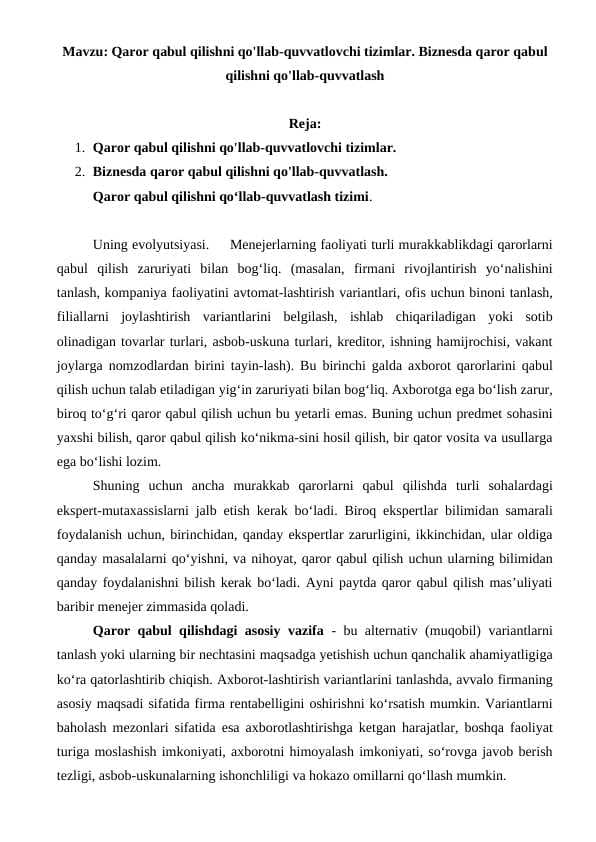 Qaror qabul qilishni qo'llab-quvvatlovchi tizimlar. Biznesda qaror qabul qilishni qo'llab-quvvatlash