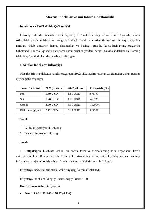 Indekslar va uni tahlilda qo'llanilishi