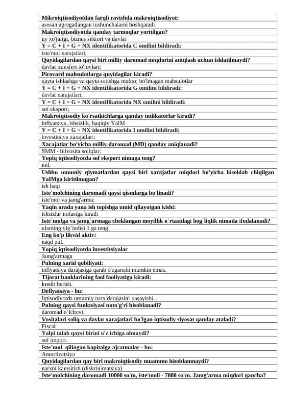 Mikroiqtisodiyotdan savollar javoblari bilan