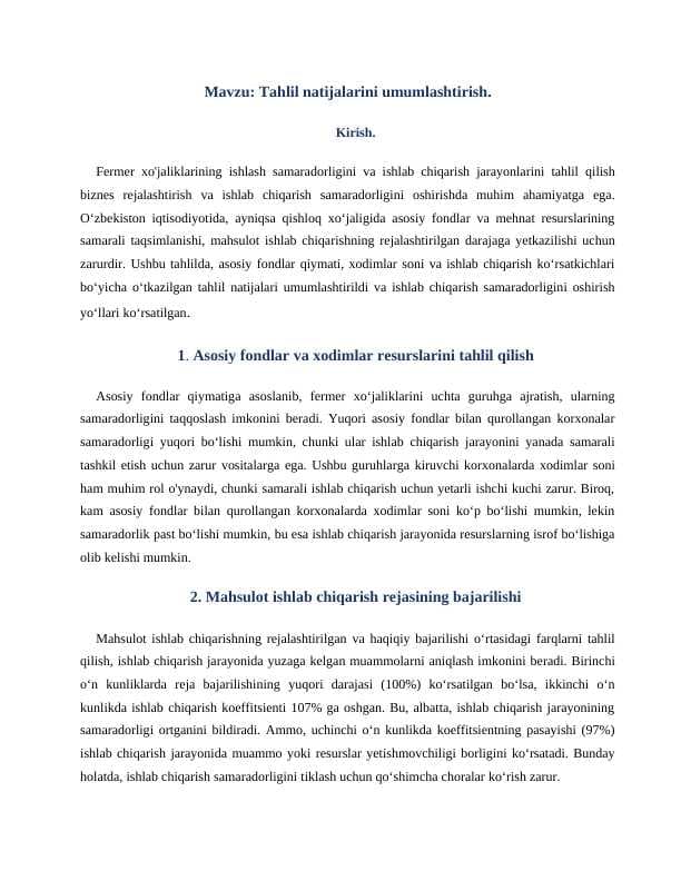 Tahlil natijalarini umumlashtirish.