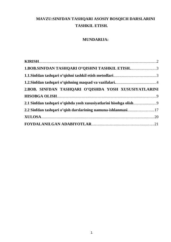 SINFDAN TASHQARI ASOSIY BOSQICH DARSLARINI TASHKIL ETISH