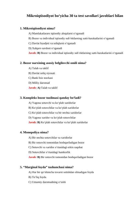 Mikroiqtisodiyot boʻyicha 30 ta test savollari javoblari bilan