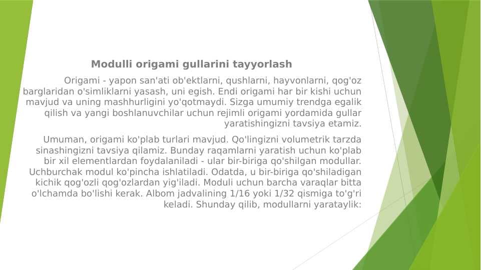 Modulli origami gullarini tayyorlash