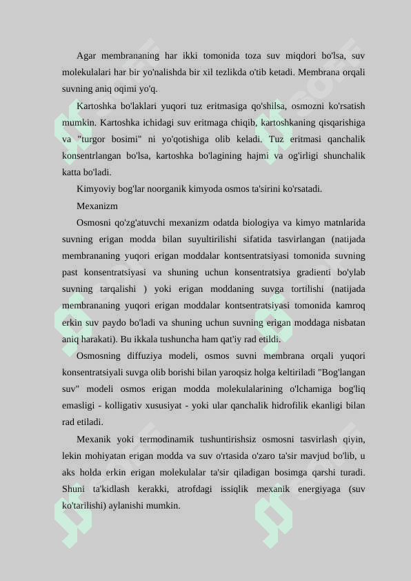 Eritmalardagi osmos hodisasi. Eritmalarning bug` bosimi, muzlash va qaynash temperaturalari. Raul qonunlari