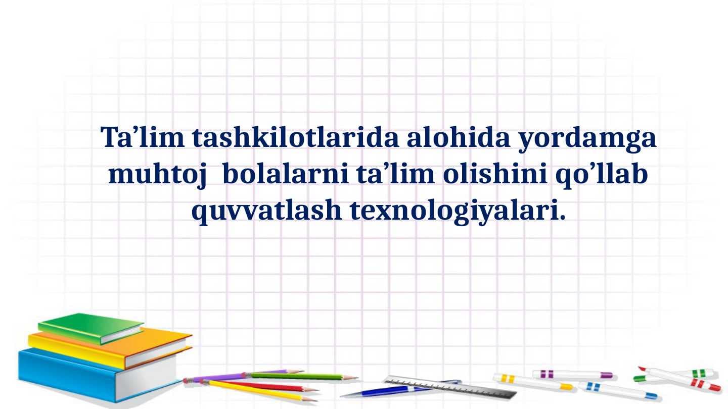 Ta’lim tashkilotlarida alohida yordamga muhtoj  bolalarni ta’lim olishini qo’llab quvvatlash texnologiyalari.