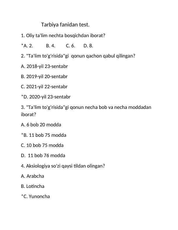 Tarbiya fanidan test